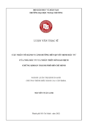 Luận văn thạc sĩ các nhân tố hành vi ảnh hưởng đến quyết định đầu tư của nhà đầu tư cá nhân trên sở giao dịch chứng khoán thành phố hồ chí minh