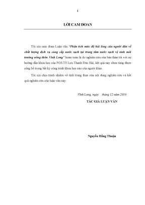 Luận văn thạc sĩ phân tích mức độ hài lòng của người dân về chất lượng dịch vụ cung cấp nước sạch tại trung tâm nước sạch vệ sinh môi trường nông thôn vĩnh long