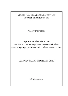 Luận án tiến sĩ thực hiện chính sách thuế đối với doanh nghiệp kinh doanh nhà hàng khách sạn tại quận sơn trà thành phố đà nẵng