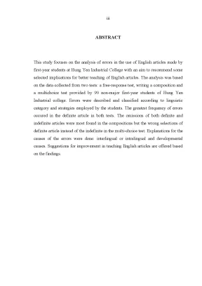 Luận văn thạc sĩ common errors in the use of english articles made by first year students at hung yen industrial college