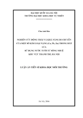 Luận án tiến sĩ nghiên cứu động thái và khả năng di chuyển của một số kim loại nặng cu pb zn trong đất lúa sử dụng nước tưới từ sông nhuệ khu vực thanh trì hà nội