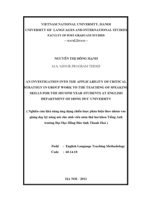 Luận văn thạc sĩ an investigation into the applicability of critical strategy in group work to the teaching of speaking skills for the second year students at english department of hong duc university