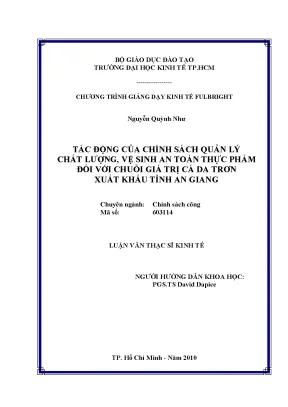 Luận văn thạc sĩ tác động của chính sách quản lý chất lượng vệ sinh an toàn thực phẩm đối với chuỗi giá trị cá da trơn xuất khẩu tỉnh an giang