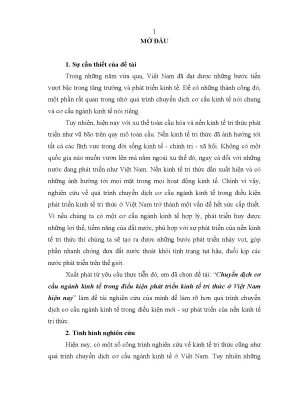 Luận văn thạc sĩ chuyển dịch cơ cấu ngành kinh tế trong điều kiện phát triển kinh tế tri thức ở việt nam hiện nay