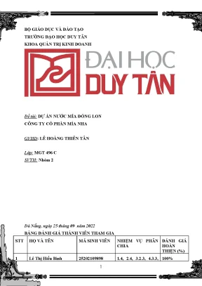 Đề tài dự án nước mía đóng lon công ty cổ phần mía nha 2