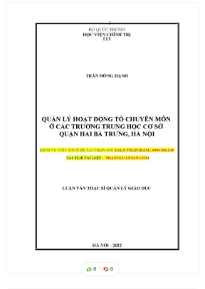 Quản lý hoạt động tổ chuyên môn ở các trường trung học cơ sở quận hai bà trưng hà nội