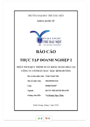 Tiểu luận báo cáo thực tập doanh nghiệp 2 phân tích quy trình xuất khẩu hàng hóa tại công ty cổ phần may mặc bình dương