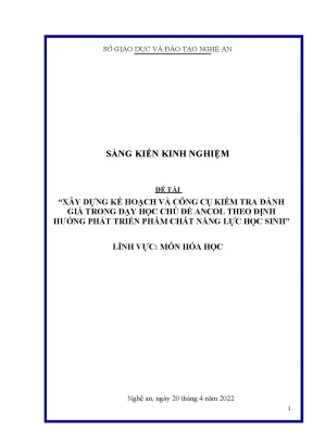 Skkn xây dựng kế hoạch và công cụ kiểm tra đánh giá trong dạy học chủ đề ancol theo định hướng phát triển phẩm chất năng lực học sinh