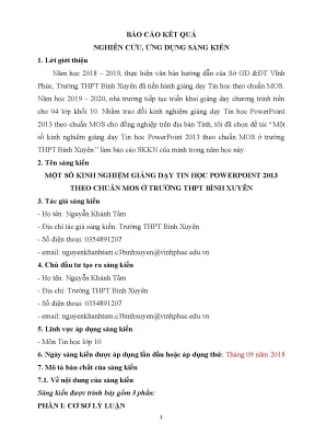 Skkn một số kinh nghiệm giảng dạy tin học powerpoint 2013 theo chuẩn mos ở trường thpt bình xuyên