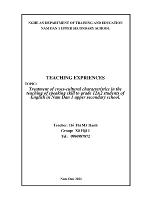 Skkn treatment of cross cultural characteristics in the teaching of speaking skill to grade 12a2 students of english in nam dan 1 upper secondary school