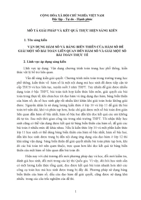 Skkn vận dụng hàm số và bảng biến thiên của hàm số để giải một số bài toán liên quan đến hàm số và giải một số bài toán thực tế