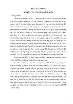 Skkn quản lý giáo dục kỹ năng sống thông qua các môn học cho học sinh trường trung học phổ thông hai bà trưng hiện nay