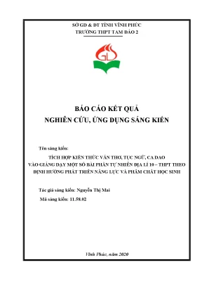 Skkn tích hợp kiến thức văn thơ tục ngữ ca dao vào giảng dạy một số bài phần tự nhiên địa lí 10 thpt theo hướng phát triển năng lực và phẩm chất học sinh