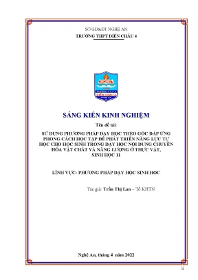 Skkn sử dụng phương pháp dạy học theo góc đáp ứng phong cách học tập để phát triển năng lực tự học cho học sinh trong dạy học nội dung chuyển hóa vật chất và năng lượng ở thực vật