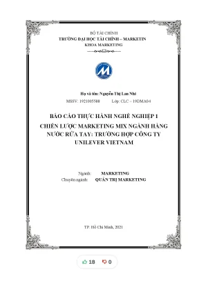 Tiểu luận báo cáo thực hành nghề nghiệp 1 chiến lược marketing mix ngành hàng nước rửa tay trường hợp công ty unilever vietnam