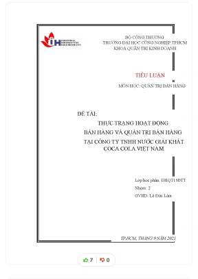 Tiểu luận đề tài thực trạng hoạt động bán hàng và quản trị bán hàng tại công ty tnhh nước giải khát coca cola việt nam
