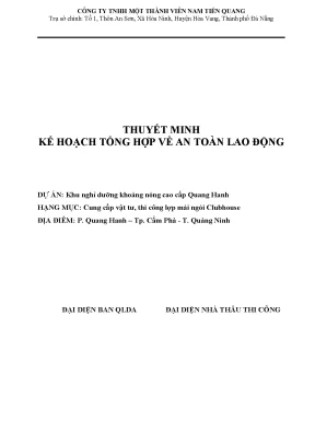Thuyết minh kế hoạch tổng hợp về an toàn lao động dự án khu nghỉ dưỡng khoáng nóng cao cấp quang hanh