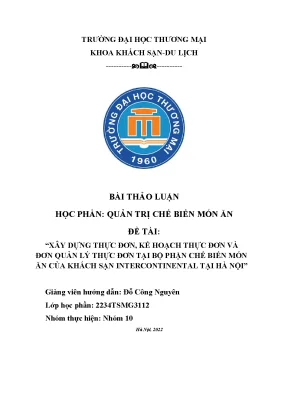 Xây dựng thực đơn kế hoạch thực đơn và đơn quản lý thực đơn tại bộ phận chế biến món ăn của khách sạn intercontinental tại hà nội