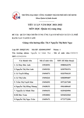 Tiểu luận tiểu luận quản trị chuỗi cung ứng tại cơ sở sản xuất cà phê rang xay taste café