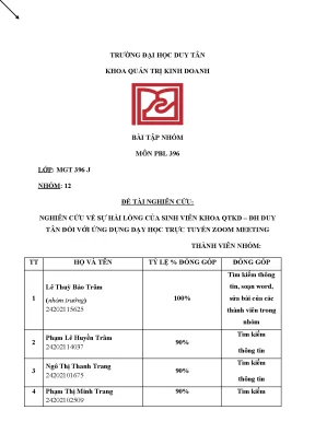 Tiểu luận nghiên cứu về sự hài lòng của sinh viên khoa qtkd đh duy tân đối với ứng dụng dạy học trực tuyến zoom meeting