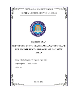 Tiểu luận thảo luận nhóm tmu môi trường đầu tư của malaysia và thực trạng hợp tác đầu tư của malaysia với các nước asean