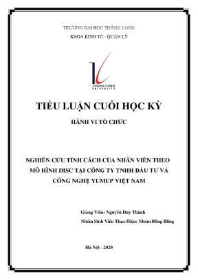 Tiểu luận nghiên cứu tính cách của nhân viên theo mô hình disc tại công ty tnhh đầu tư và công nghệ yumup việt nam