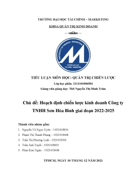 Tiểu luận tiểu luận môn học quản trị chiến lược chủ đề hoạch định chiến lược kinh doanh công ty tnhh sơn hòa bình giai đoạn 2022 2025