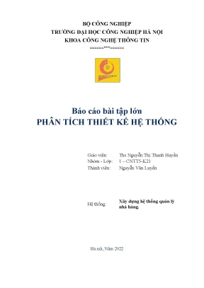 Báo cáo bài tập lớn phân tích thiết kế hệ thống xây dựng hệ thống quản lý nhà hàng
