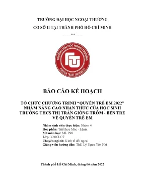Tiểu luận tổ chức chương trình quyền trẻ em 2022 nhằm nâng cao nhận thức của học sinh về quyền trẻ em