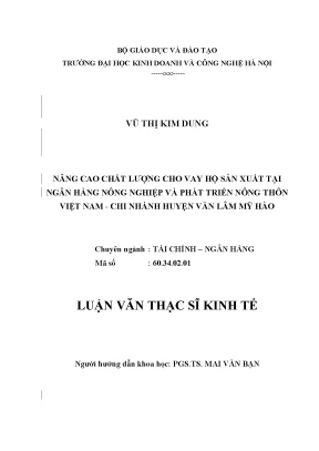 Luận văn thạc sĩ chất lượng cho vay hộ sản xuất tại ngân hàng nông nghiệp và phát triển nông thôn việt nam huyện văn lâm mỹ hào