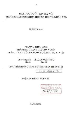 Luận án tiến sĩ ngữ văn phương thức dịch thành ngữ đánh giá con người trên tư liệu của ba ngôn ngữ anhngaviệt