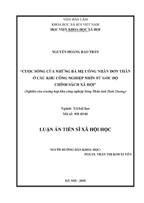 Luận án tiến sĩ tâm lý học cuộc sống của những bà mẹ đơn thân ở các khu công nghiệp nhìn từ góc độ chính sách hội xã nghiên cứu trường hợp khu công nghiệp sóng thần tỉnhr bình dương