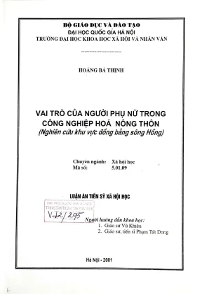 Luận án tiến sĩ xã hội học vai trò của người phụ nữ trong công nghiệp hoá nông thôn nghiên cứu khu vực đồng bằng sông hồng
