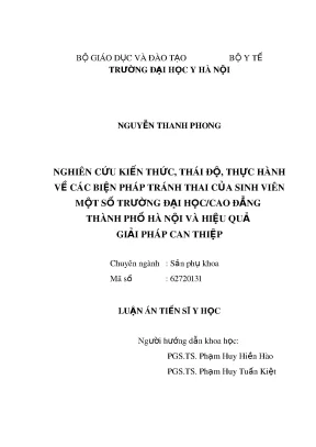 Luận án tiến sĩ y học nghiên cứu kiến thức thái độ thực hành về các biện pháp tránh thai của sinh viên một số trường đại họccao đẳng thành phố hà nội