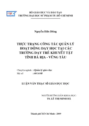 Luận văn thạc sĩ giáo dục học thực trạng công tác quản lý hoạt động dạy học tại các trường dạy học trẻ khuyết tật tỉnh bà rịa vũng tàu