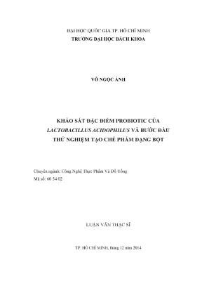 Luận văn thạc sĩ công nghệ thực phẩm khảo sát đặc điểm probiotic của lactobacillus acidophilus và bước đầu thử nghiệm tạo chế phẩm dạng bột