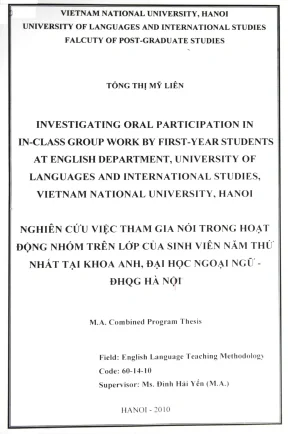 Luận văn thạc sĩ ngôn ngữ học investigating oral participation in inclass group work by firstyear students at english department university of languages and international studies vietnam national university hanoi