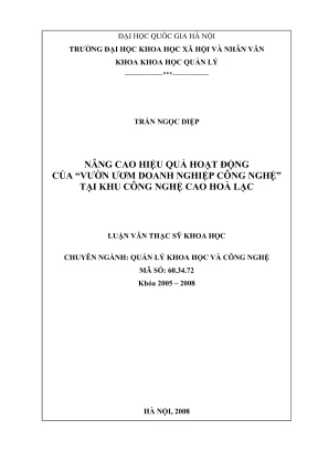 Luận văn thạc sĩ quản lý khoa học và công nghệ nâng cao hiệu quả hoạt động của vườn ươm doanh nghiệp công nghệ tại khu công nghệ cao hoà lạc