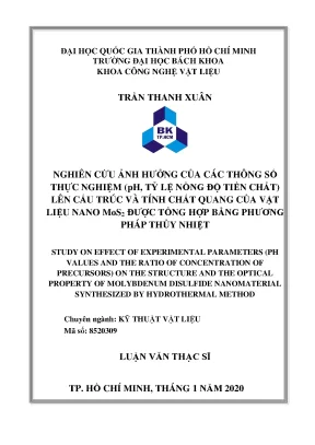 Luận văn thạc sĩ kỹ thuật vật liệu nghiên cứu ảnh hưởng của các thông số thực nghiệm ph tỷ lệ nồng độ tiền chất lên cấu trúc và tính chất quang của vật liệu nano mos2 được tổng hợp bằng phương pháp thủy nhiệt