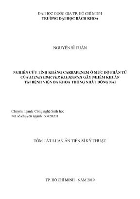 Luận văn thạc sĩ công nghệ sinh học nghiên cứu tính kháng carbapenem ở mức độ phân tử của acineto bacter baumannii gây nhiễm khuẩn tại bệnh viện đa khoa thống nhất đồng nai