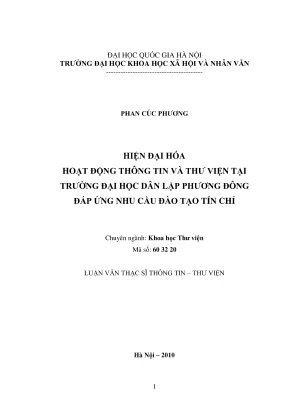 Luận văn thạc sĩ thông tin thư viện hiện đại hóa hoạt động thông tin và thư viện tại trường đại học dân lập phương đông đáp ứng yêu cầu đào tạo tín chỉ