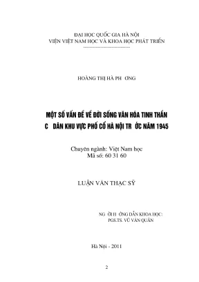 Luận văn thạc sĩ việt nam học một số vấn đề về đời sống văn hóa tinh thần cư dân khu vực phố cổ hà nội trước năm 1945