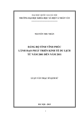 Luận văn thạc sĩ lịch sử đảng bộ tỉnh vĩnh phúc lãnh đạo phát triển kinh tế du lịch từ năm 2001 đến năm 2011