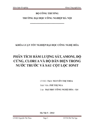 Khóa luận tốt nghiệp đại học công nghệ hóa phân tích hàm lượng sắt amoni độ cứng clorua và độ dẫn điện trong nước trước và sau cột lọc ionit