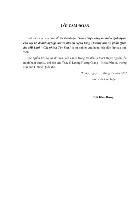 Khóa luận tốt nghiệp hoàn thiện công tác thẩm định dự án cho vay với doanh nghiệp vừa và nhỏ tại ngân hàng thương mại cổ phần quân đội mb bank chi nhánh tây sơn