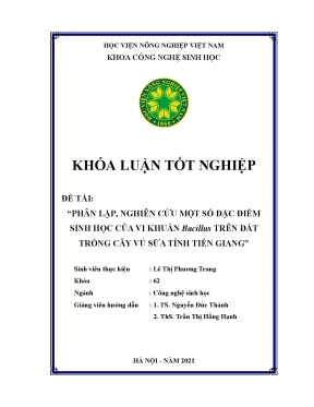 Khóa luận tốt nghiệp phân lập nghiên cứu một số đặc điểm sinh học của vi khuẩn bacillus trên đất trồng cây vú sữa tỉnh tiền giang