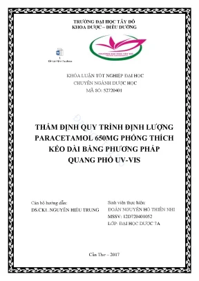 Khóa luận tốt nghiệp dược sĩ đại học thẩm định quy trình định lượng paracetamol 650mg phóng thích kéo dài bằng phương pháp quang phổ uv vis