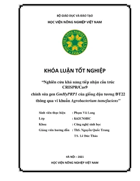 Khóa luận tốt nghiệp nghiên cứu khả năng tiếp nhận cấu trúc crispr cas9 chỉnh sửa gen gmhyprp1 của giống đậu tương đt22 thông qua vi khuẩn agrobacterium tumefaciens