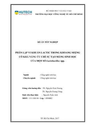 Đồ án tốt nghiệp phân lập vi khuẩn lactic trong khoang miệng có khả năng ức chế sự tạo màng sinh học của một số lactobacillus spp