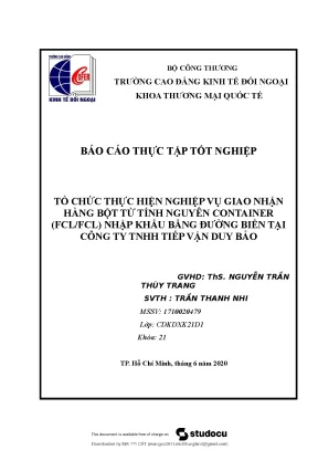 Báo cáo thực tập tốt nghiệp tổ chức thực hiện nghiệp vụ giao nhận hàng bột từ tính nguyên container fclfcl nhập khẩu bằng đường biển tại công ty tnhh tiếp vận duy bảo